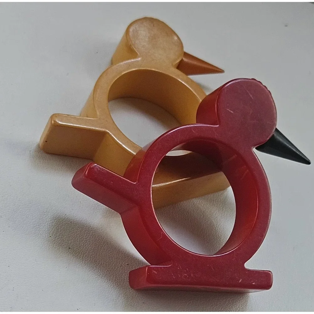 Set Of 2 Vintage Butterscotch & Red Bird Bakelite Napkin Rings